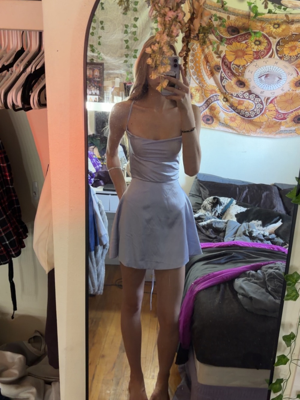 Lavender Satin Slip Mini Dress with Spaghetti Straps